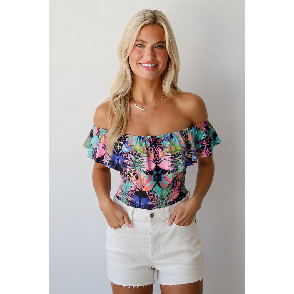 Desigual Bodysuit XS Off Shoulder Ruffle Vibrant Tropical Resort Euro Summer